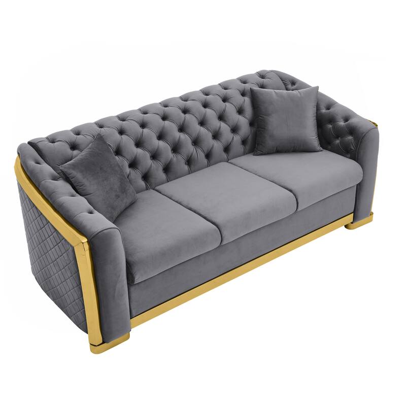 Velvet Chesterfield Sofa with 2 Pillows, Tufted Upholstered 3 Seater Sofa, Accent Sofa with Rolled Arms & Stainless Legs