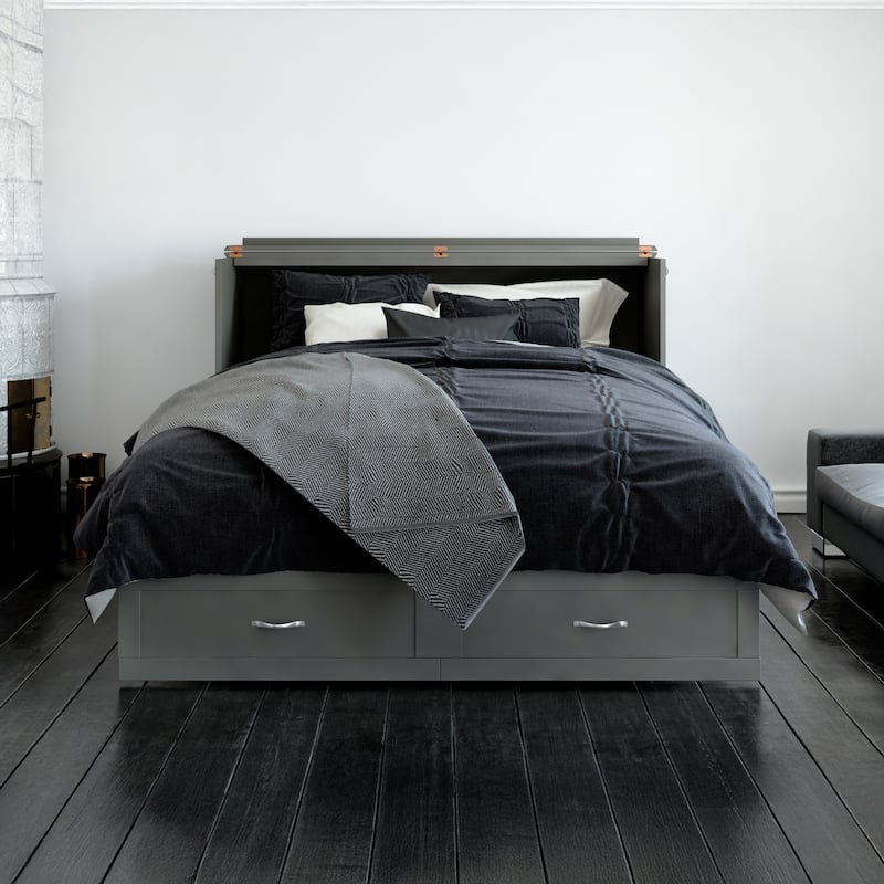 Hamilton Queen Murphy Bed Chest with 6" Mattress, Storage Drawer & Built-In Charger in Grey
