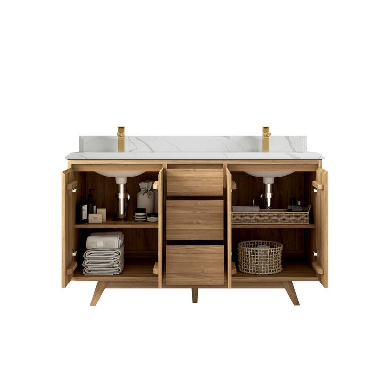 Willow Collections 60 in. W x 22 in. D Madison Teak Double Sink Bathroom Vanity with Countertop