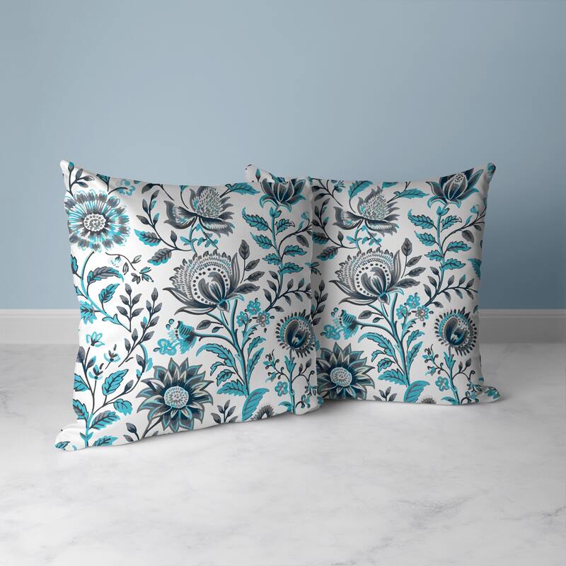 Sanganeri Block Print Faux Suede Reversible Throw Pillow Grey and Turquoise