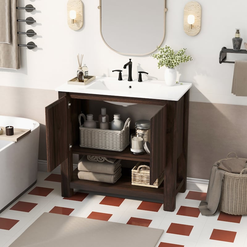 Bathroom Vanity with Ceramic Sink, Bathroom Cabinet with Soft-Closing Doors, Freestanding Cabinet with Open Shelf