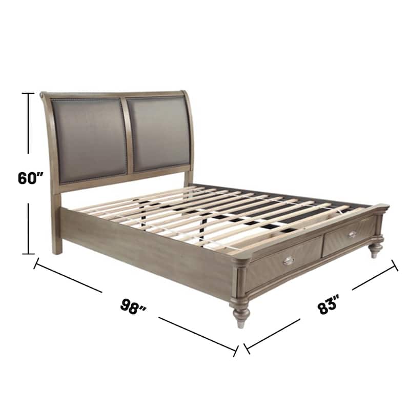 Wooden Bed with 2 Storage Drawers in Antique Silver