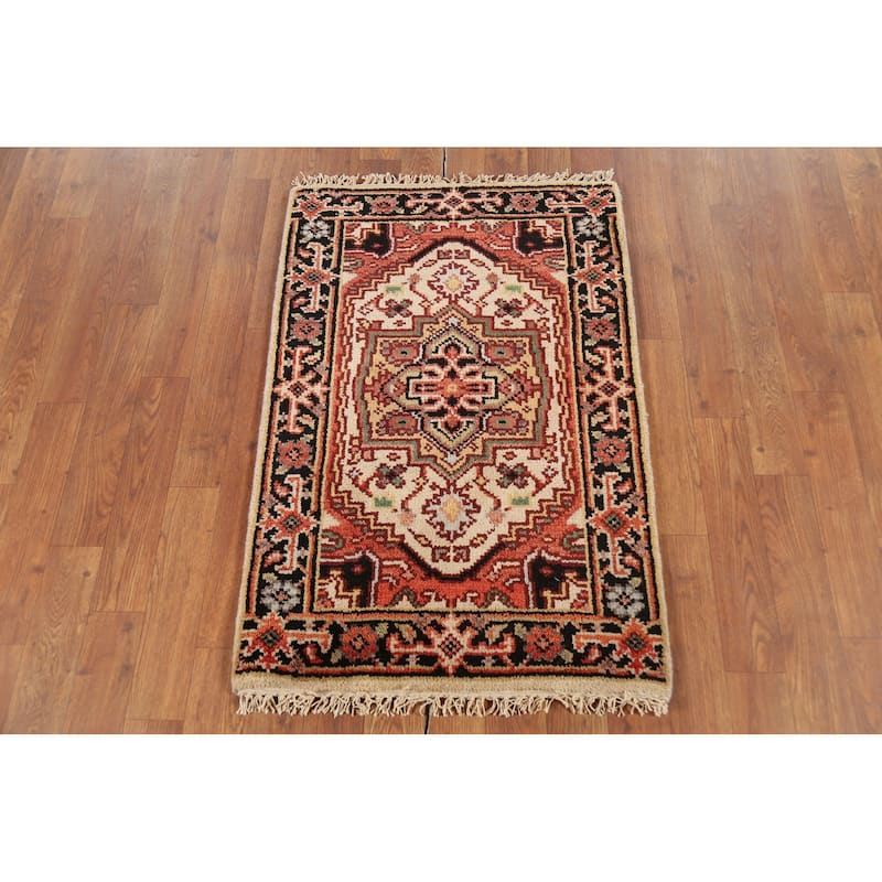 Geometric Heriz Serapi Indian Rug Handmade Beige Foyer Wool Carpet - 2'0"x 3'0"