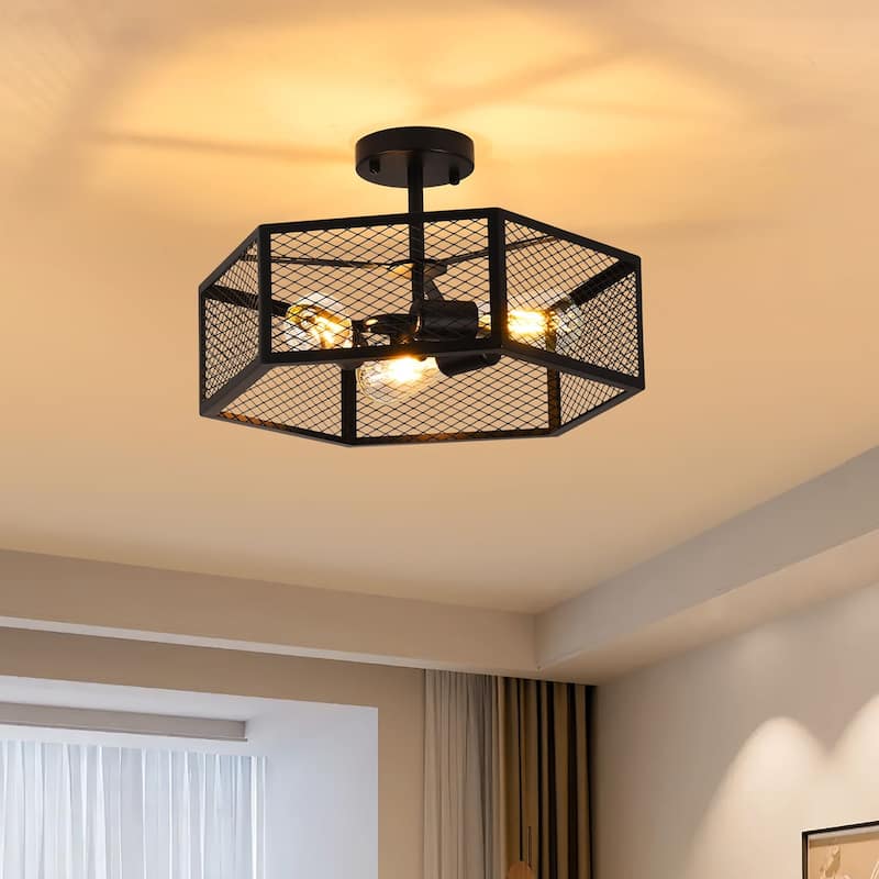 3-Light Farmhouse Drum Black Caged Semi Flush Mount - Matte Black - N/A