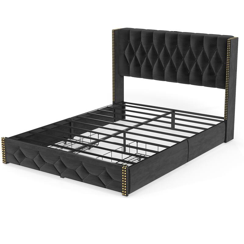 Queen Size Platform Bed Frame with Velvet Headboard, Storage Drawers, and Charging Station