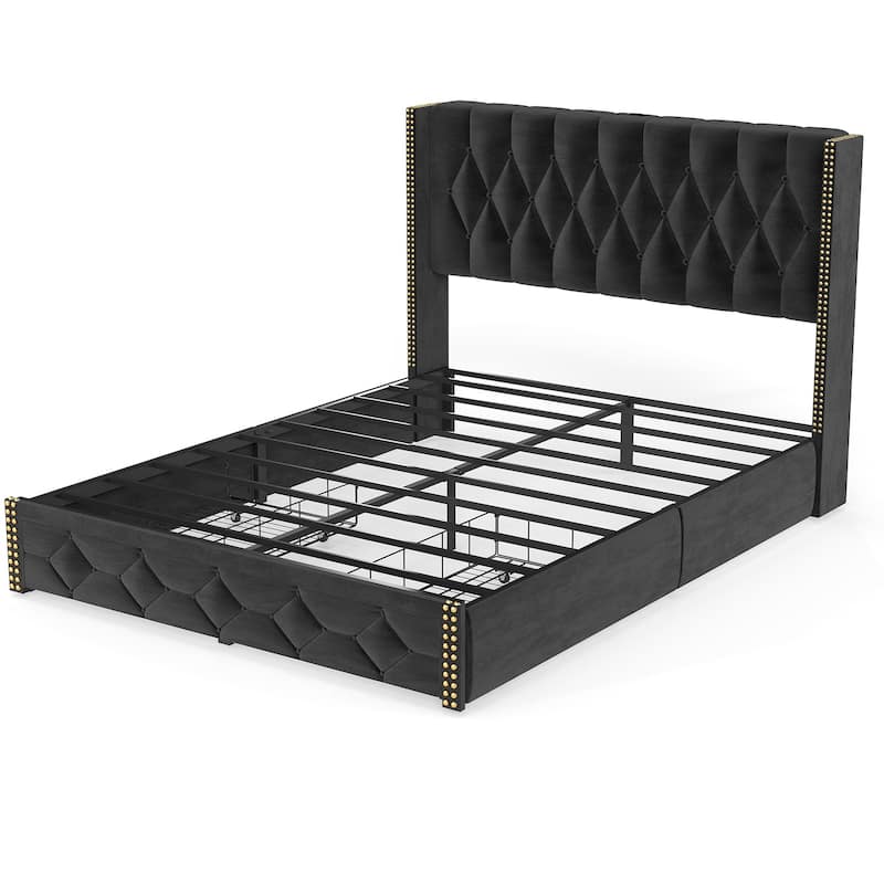 Wingback Bed Velvet Upholstered Platform Bed Frame with 2 Storage Drawers and Headboard, Charging Station, Noise-Free, Black