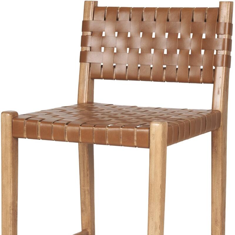 HomeRoots 26" Brown and Natural Leather and Solid Wood Low Back Counter Height Bar Chair