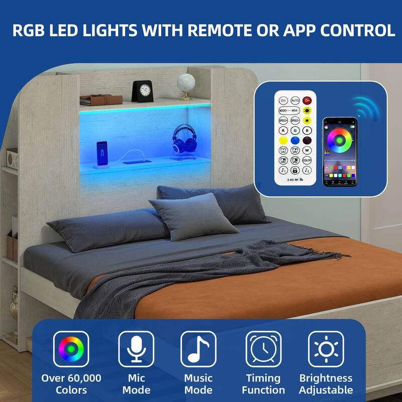 Moasis Bed Frame with Bookcase Storage Headboard and Charging Station,RGB LED Lights Bed with Wooden Support for Bedroom