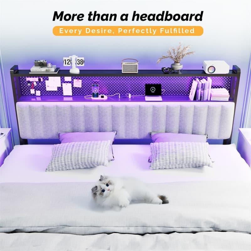 Adjustable Upholstered Headboard with 2 Tier Shelves with Charging Stations and LED Lights, Modern Bed Headboard with Storage