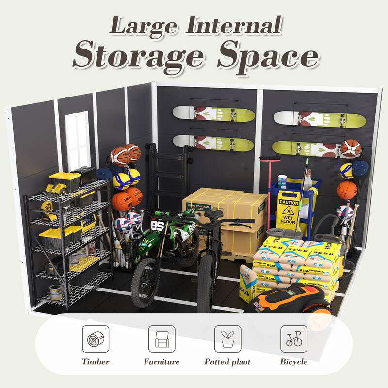 8*8ft Resin Storage Shed, High Quality PP Material, Waterproof, Rust And UV Proof, Large Storage Space, 12mm Thick PP Board