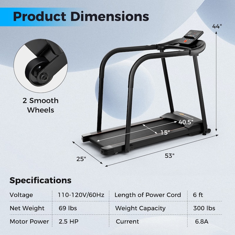 Costway 2.5 HP Walking Treadmill with Long Handrails for Seniors - See Details