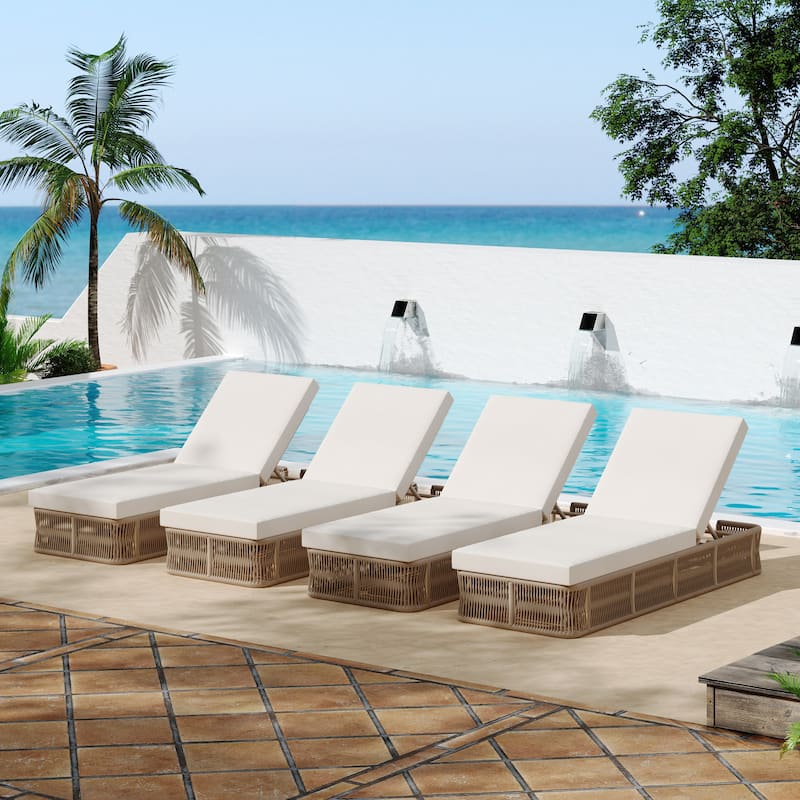 Christopher Knight Home - Solara Outdoor Adjustable Rope Base Sunlounge with Beige and White - Beige-Set of 4