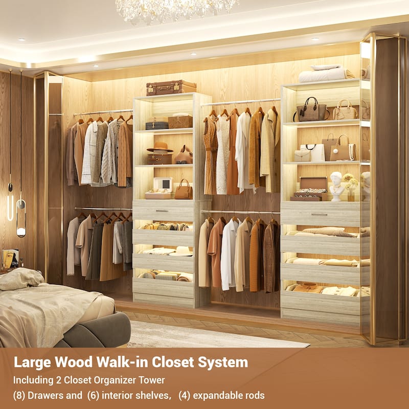 Qvella 95''-136'' W Closet System with 8 Wooden Drawers and 4 Hanging Rods, Walk-in Closet Organizer with 6 Storage Shelves