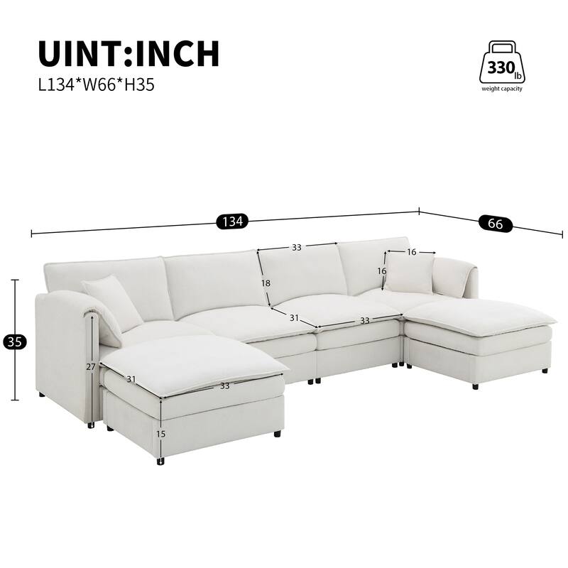Cream Chenille U-Shaped Sectional Sofa Bed - 6 Seats, Double Cushions, Removable Ottomans