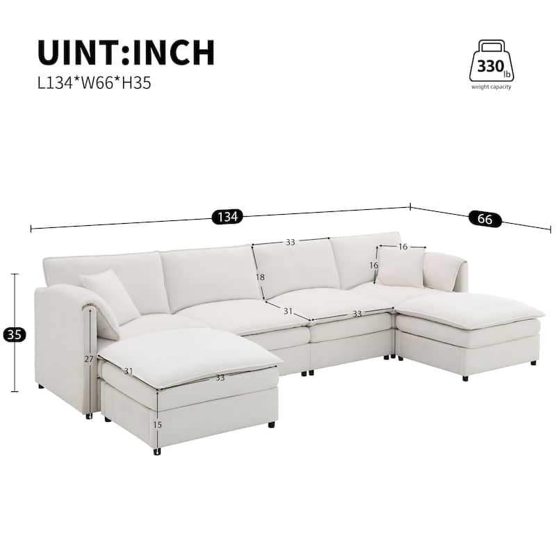 Oversized Chenille Sectional Cloud Couch Set - 6 Seat Sleeper Sofa with Armrest Pillows
