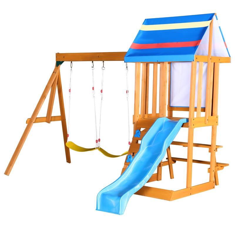Outdoor 3 in 1 Wood Swing Set with Slide, 2 Swings and Climber