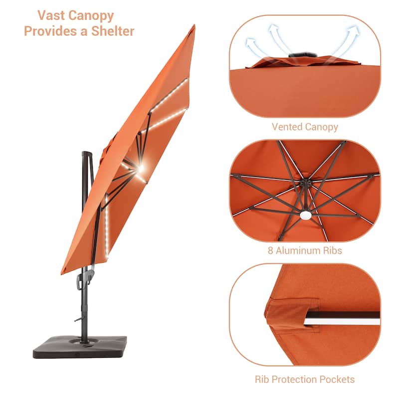 LIVOOSUN Patio10x10FT LED Aluminum Cantilever Umbrella Solution-Dyed Fabric w/Base