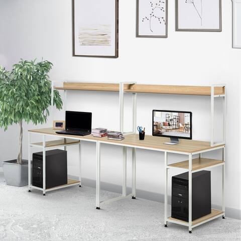 HOMCOM 94.5in Industrial Double Computer Desk with Hutch and Storage Shelves, Extra Long Home Office Writing Table