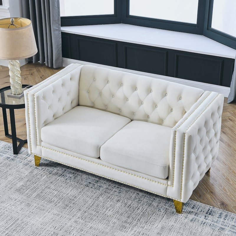 Modern 2-Seat Velvet Sofa with Nailhead Trim, Button Tufting, and Metal Legs