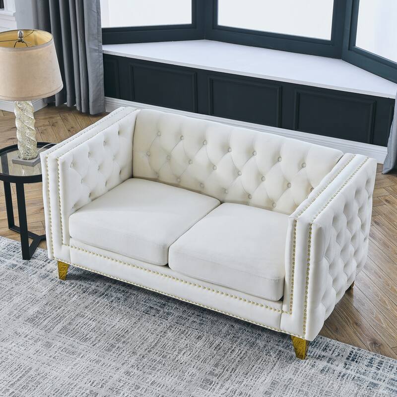 Velvet Chesterfield 2-Seat Sofa with Button Tufting and Nailhead Trim, Upholstered Couch for Bedroom and Office
