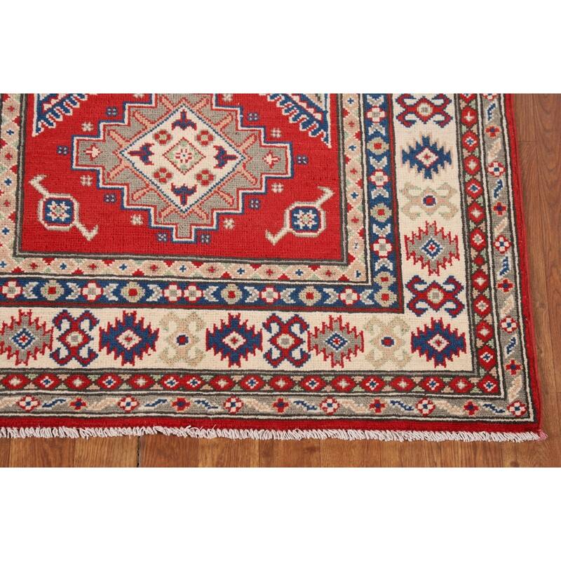 Geometric Red Kazak Accent Rug Handmade Oriental Wool Carpet - 3'3" x 4'10"