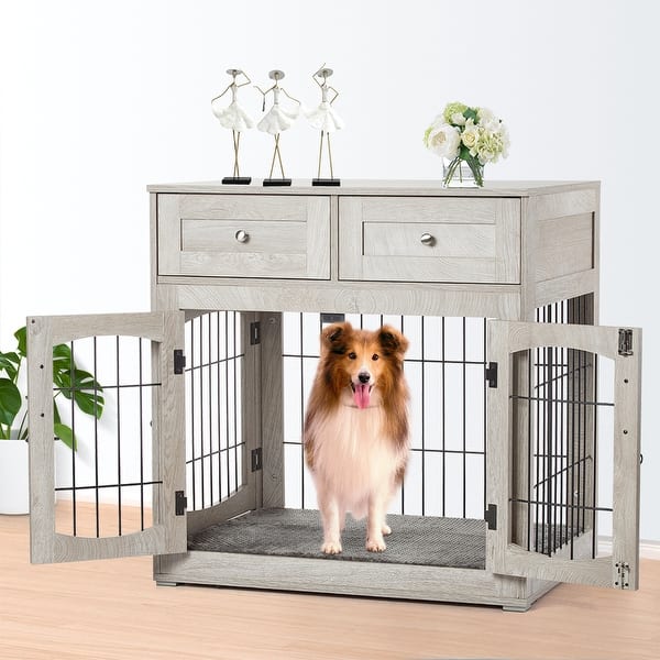 DAWNYIELD Dog Crate For Large Dog, Furniture Style Pet Crate With Sliding Doors, Wooden Indoor Dog Kennel Side Table With Drawer, Lockable Dog House