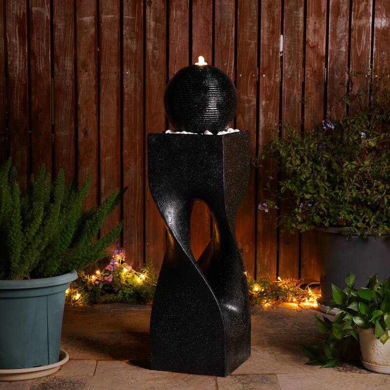 Glitzhome Modern Geometric Oversized Pedestal Sphere Polyresin Outdoor Floor Fountain with Pebbles