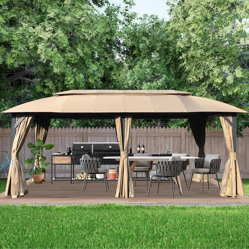 10x20FT Outdoor Gazebo with Double Roofs,Privacy Curtains,Mosquito Nettings,Heavy Duty Metal Frame Party Tent Canopy for Patio - Brown