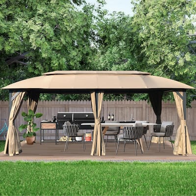 10x20FT Outdoor Gazebo with Double Roofs,Privacy Curtains,Mosquito Nettings,Heavy Duty Metal Frame Party Tent Canopy for Patio