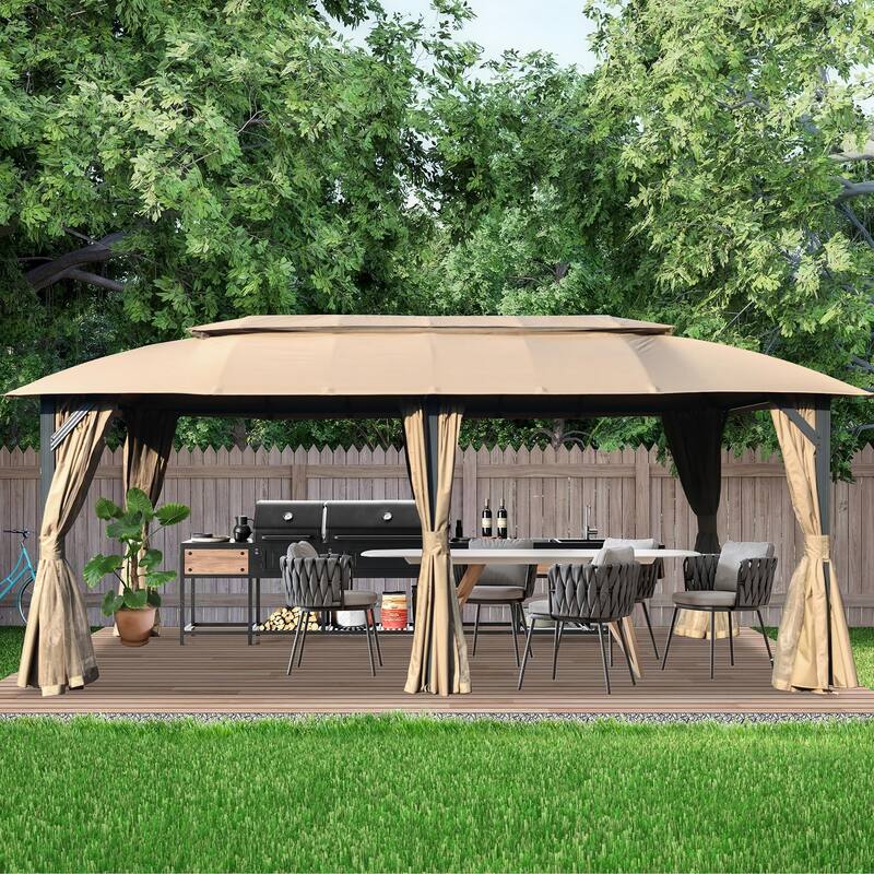 Gazebo 10x20FT, Outdoor Gazebo with Double Roofs, Privacy Curtains, Mosquito Nettings, Heavy Duty Metal Frame Party Tent - 240"L X 120"W X 105.60"H