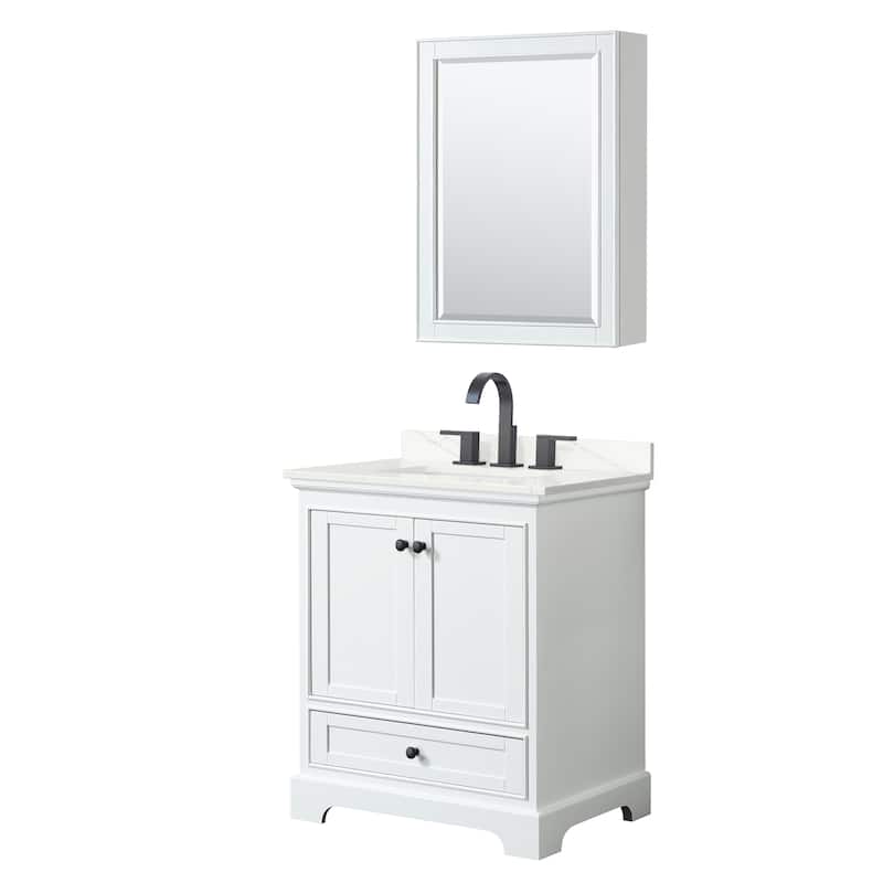 Deborah 30-inch Single Vanity, Quartz Top, Medicine Cabinet - White, Black Trim, Giotto Quartz Top
