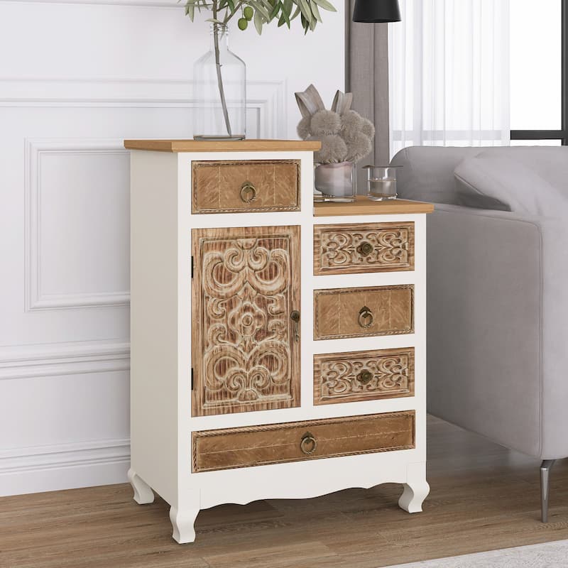 30" Tall Wooden Cabinet with 5 Drawers and 1 Door in Natural