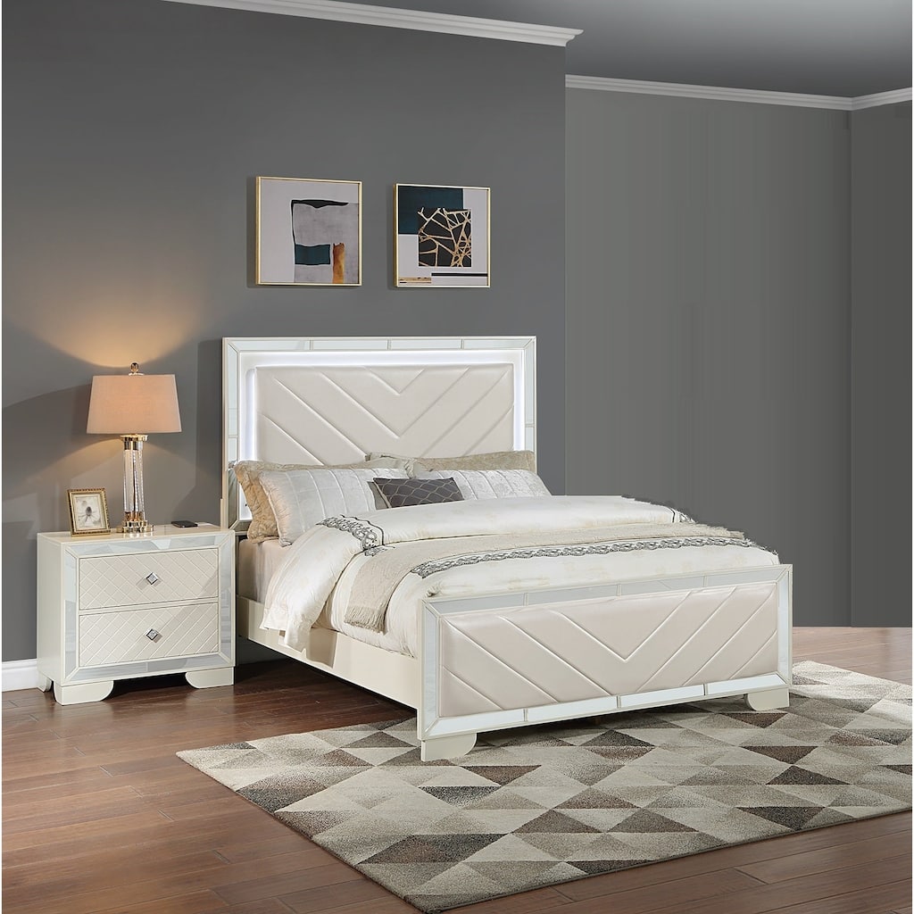 Transitional Style 3pc Bed 2x Nightstand Set LED Light Headboard Diamond Knobs Handles Cream Finish Bedroom Furniture