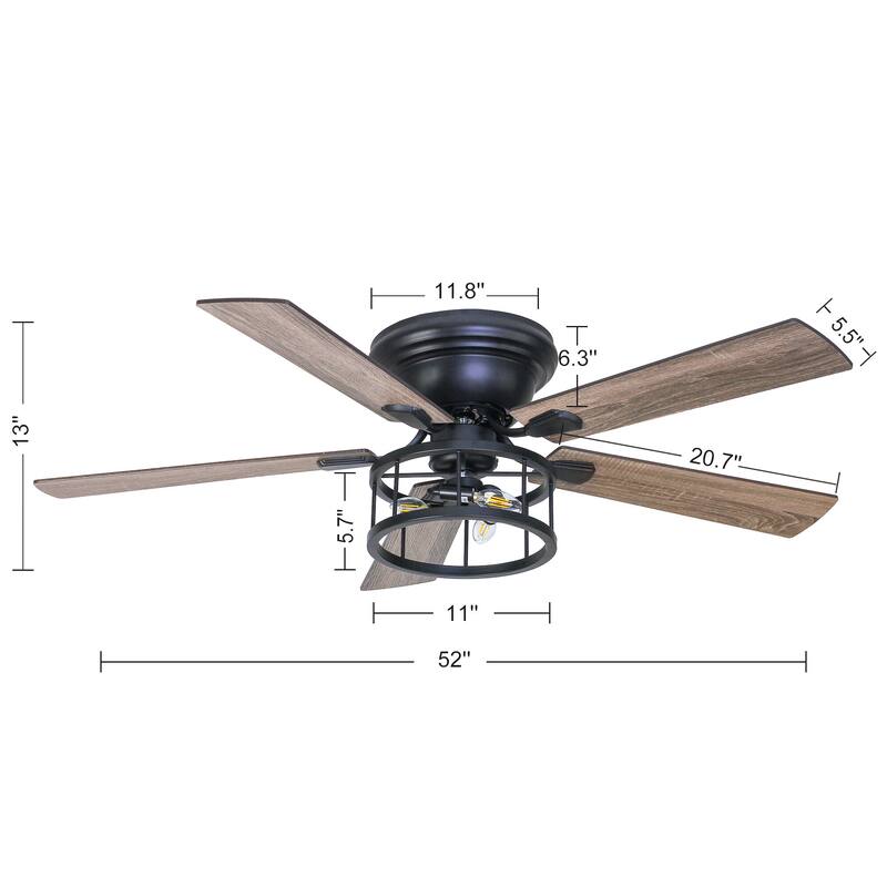 52" Flush Mount Ceiling Fan with Light Remote Control, 5 Blade - 52 Inch