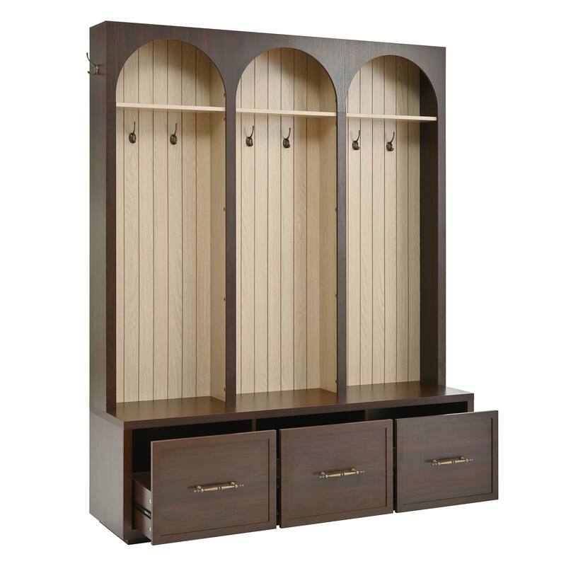 Farmhouse Wooden Style Hall Tree with Arched Design, 59" Wide Entryway Bench with 8 Retro Hooks, Coat Rack & Shoe Organizer