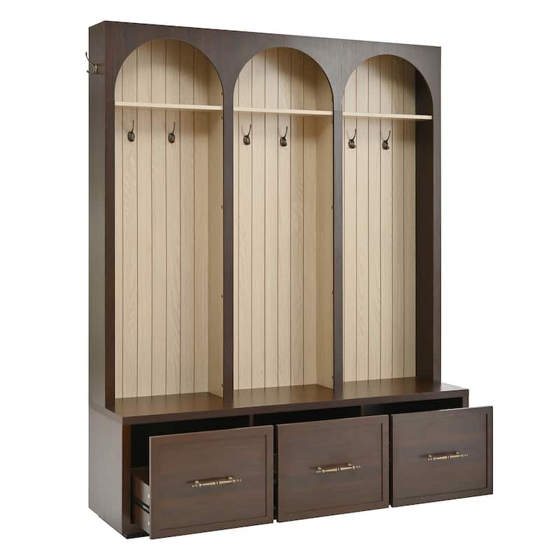 Hall Tree With Arched Design,Entryway Bench With 8 Retro Hooks,Rustic Coat Rack & Shoe Organizer With 3 Drawers