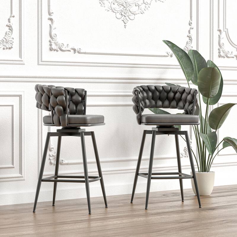 Leather Woven Bar Stool Set of 2, 360° Swivel Upholstered Arm Chairs, Kitchen Island Chairs with Back Footrest
