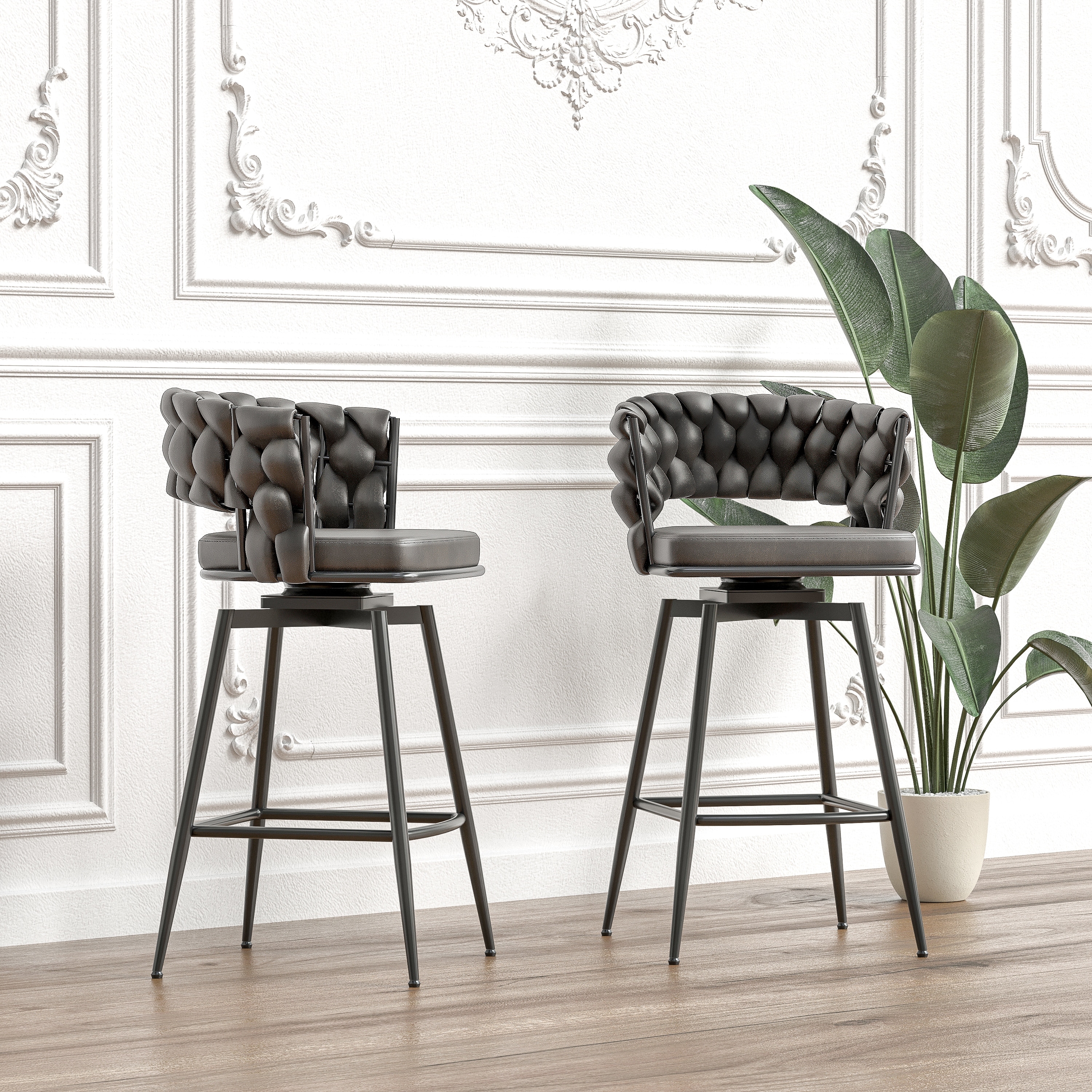 Modern Bar Stool High Chair Home Kitchen Bar Stool Arm Chairs Set of 2 with Back Footrest for Kitchen Islands