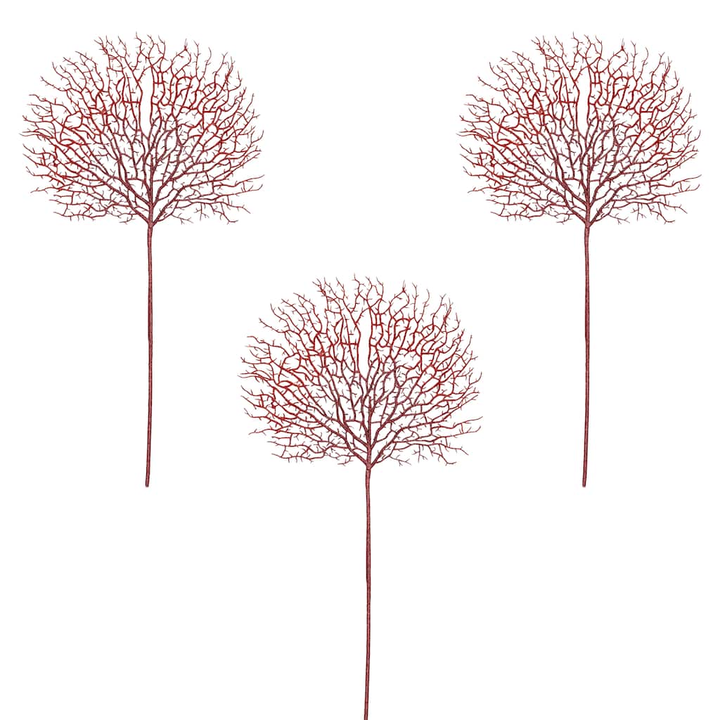 30" Glittered Coral Spray, Red, Set of 3 - Red