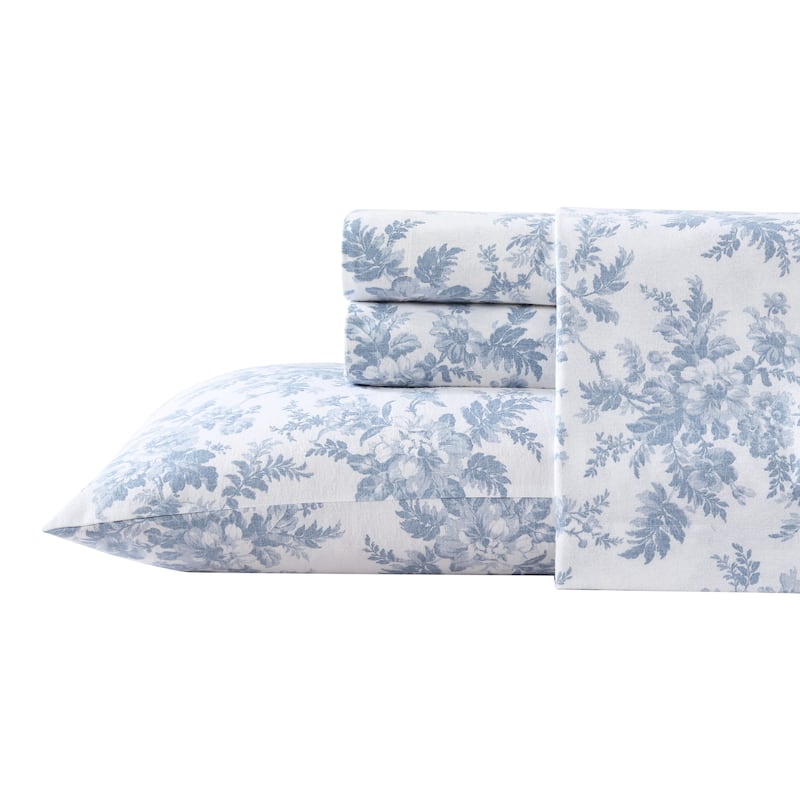 Laura Ashley Printed Cotton Flannel Sheet Set - Vanessa Blue - Full