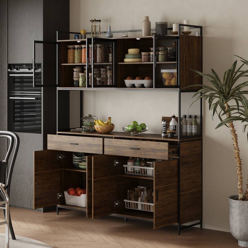 Multifunctional Kitchen Cabinet Collection Metal Frame Shelf Brown Walnut Color