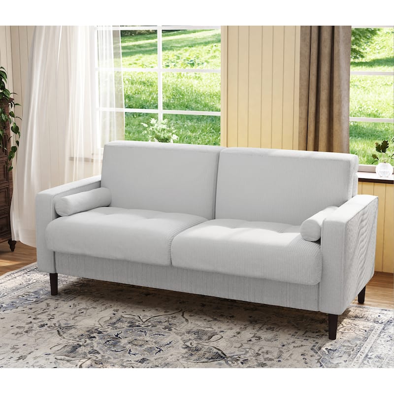 Modern Corduroy 2 Seater Sofa with Bolster Pillows - Beige