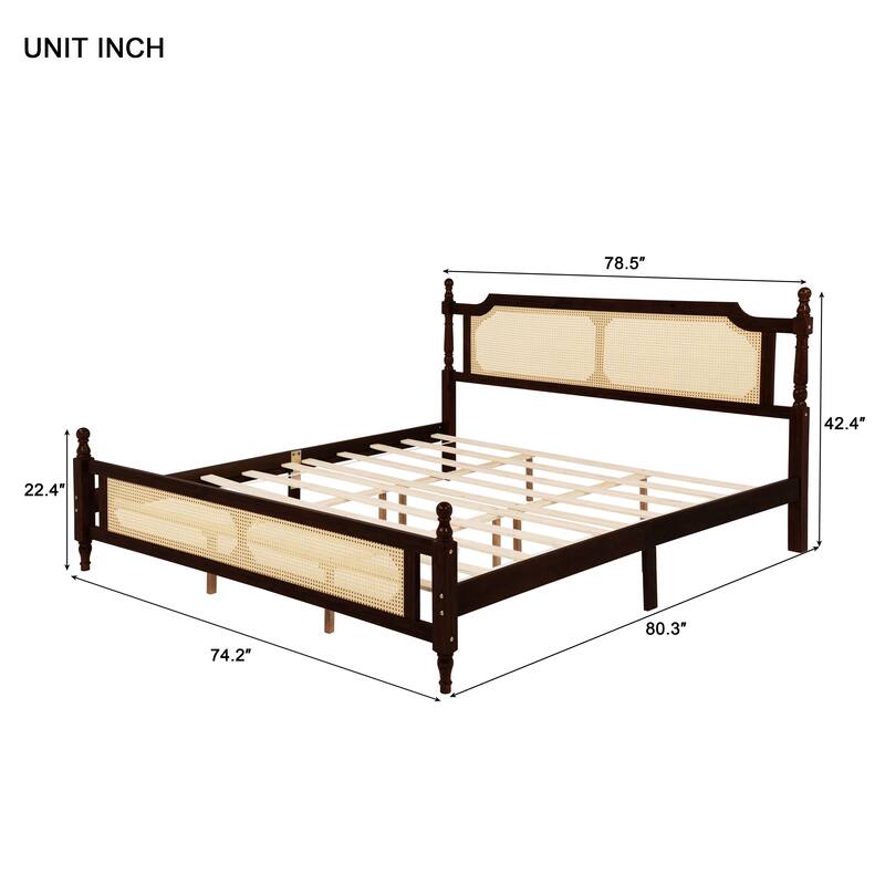 Queen/King Size Pine Wood Bed with Rattan Headboard and Footboard, Solid Frame with Central Support and Under-Bed Storage