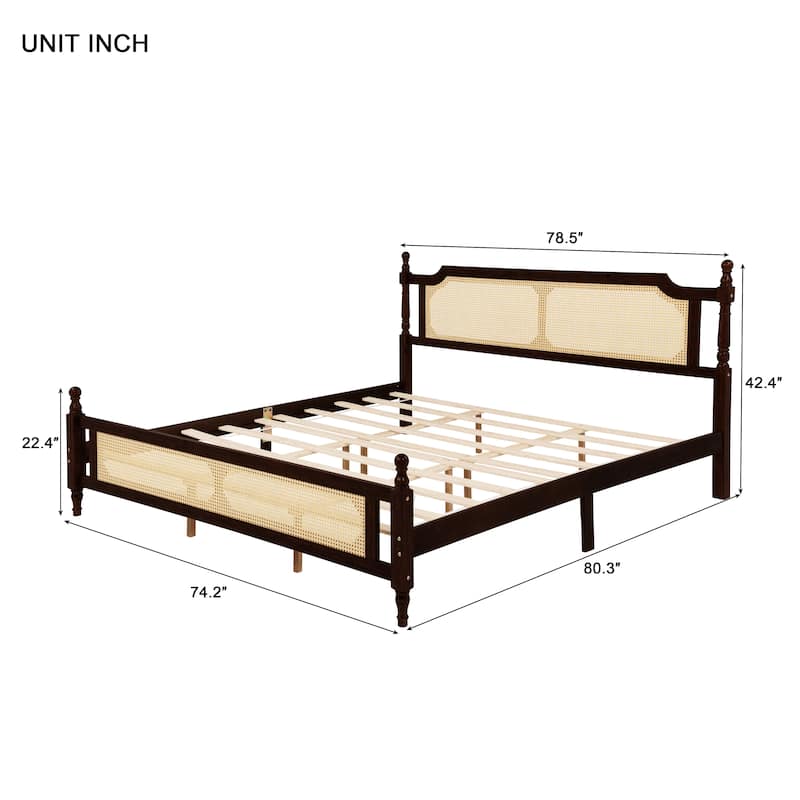 Roomfitters King Pine Wood Bed Frame with Rattan Headboard and Footboard, Central Reinforced Platform Support