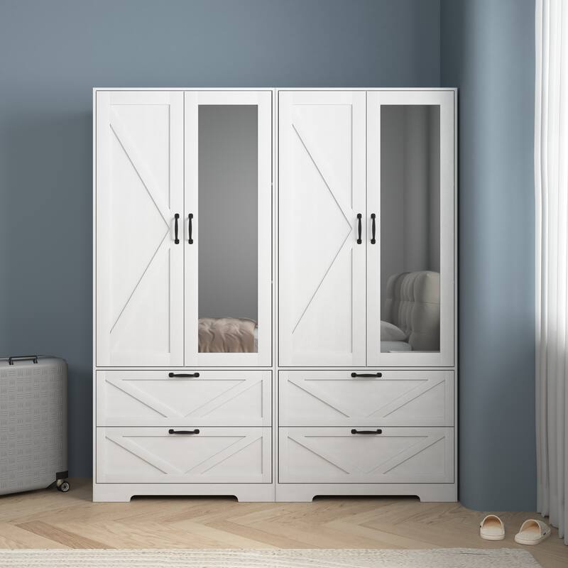 2 Door Wood Wardrobe with Hanging Clothing Rod inside the Cabinet and 2 Drawers, Multifunctional Closet with Mirror