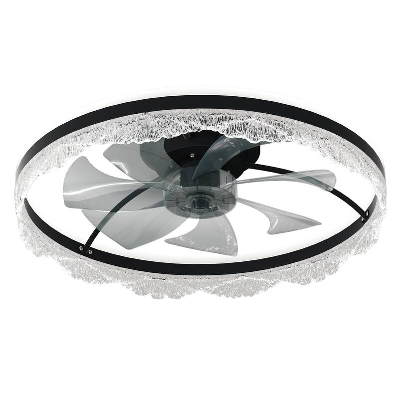 24" Quiet Ceiling Fan with Light - LED Crystal Flush Mount Fan Lamp with Hidden Blades and Natural Airflow - Black