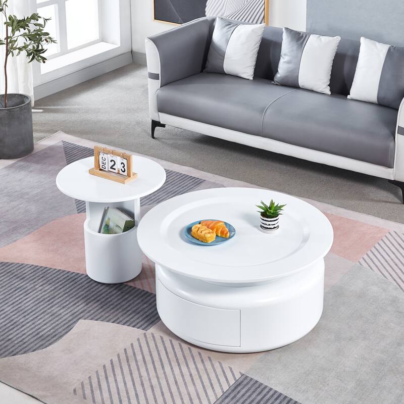 2 Pieces White MDF Round Coffee Table Set for Living Room