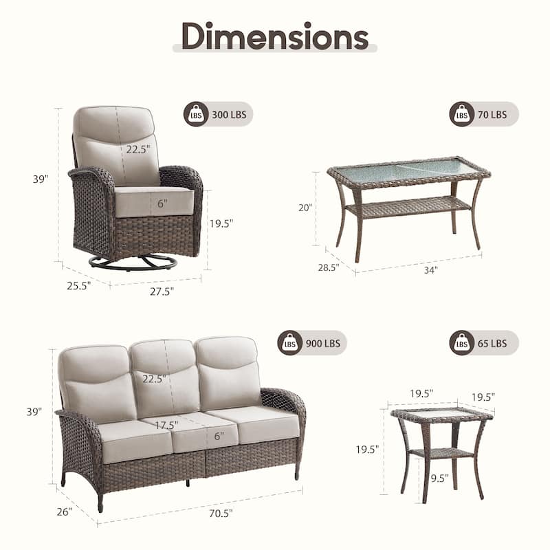 Meyreso 5-Piece Wicker Patio Conversation Set with Swivel Gliders and 6-Inch Thick Olefin Cushions