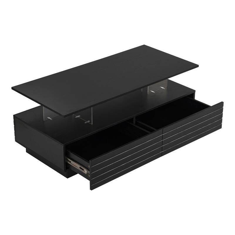 47.2" High Gloss LED Coffee Table for Living Room, Modern Rectangular 2-Tier Center Table with 2 Drawers & Open Storage