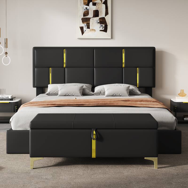 Roomfitters 2 Piece Bedroom Set, Queen Upholstered Platform Bed with Hydraulic Lift Base and Matching Ottoman Bench, Beige